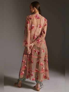 Anthropologie Bl-nk Pink Tulle Kimono Floral Embroidered OS